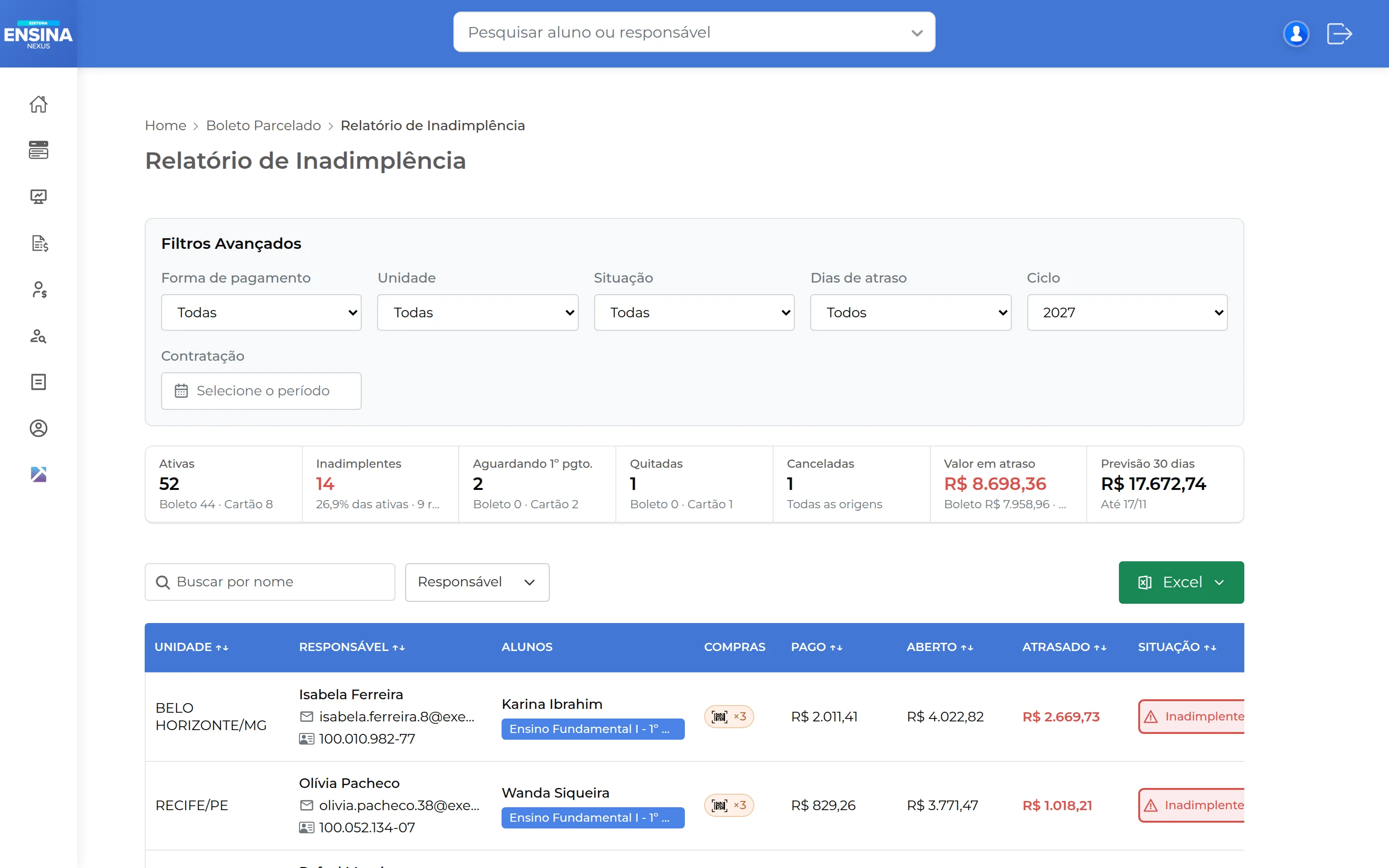 Tela do back-office do Ensina Mais: Relatório de inadimplência do boleto parcelado, com o valor em atraso por responsável